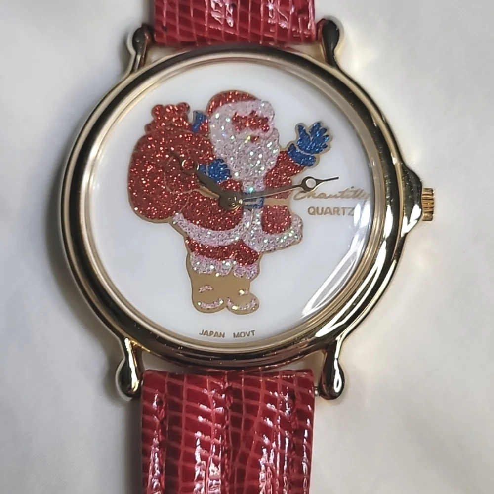 Santa Wrist Watch Adjustable Leather Strap, Vintage Red Sparkly